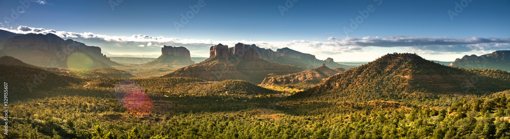Cathedral Rock and Bell Rock sand stone butte and mesa formation near the town of Sedona Arizona USA