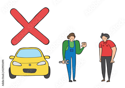 Vector car mechanic was unable to repair the car and said negatively. The customer is also very upset. Hand drawn illustration.