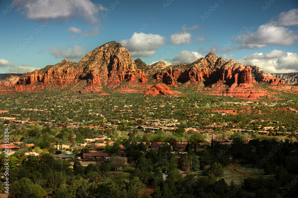 Capitol Butte and Coffee Pot Rock formation as seen from Airport Mesa over the town of Sedona Arizona USA