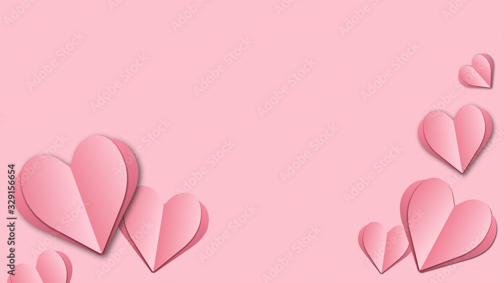 Valentines day background with hearts flying on pink paper. Paper cut heart