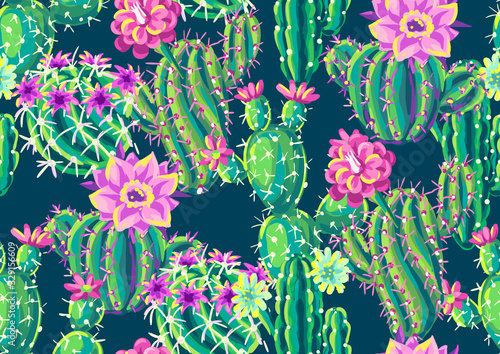 Seamless pattern with cacti and flowers.