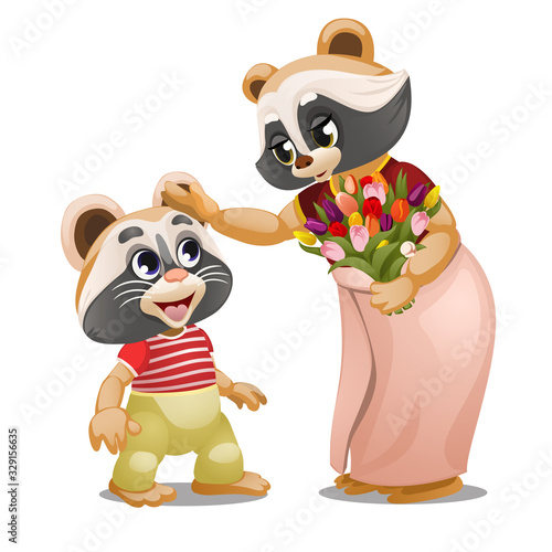 A little raccoon gave a bouquet of tulips to his mother isolated on a white background. The mother caresses the head of his son. Vector cartoon close-up illustration.