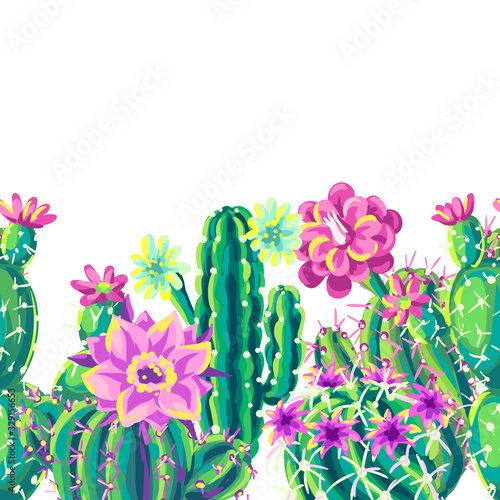Seamless pattern with cacti and flowers.