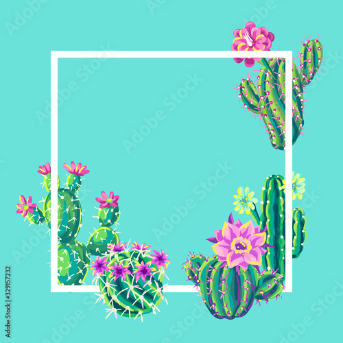 Background with cacti and flowers.