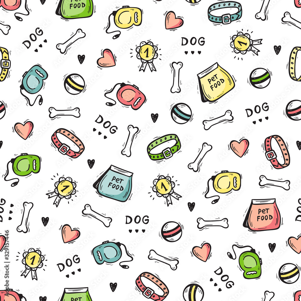 Pet Shop Vector background. Hand drawn doodle Goods for pets. Dog supplies and Pet Food Seamless pattern