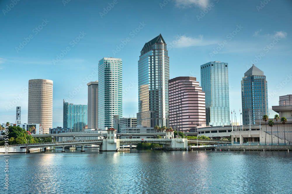 Downtown city skyline view of Tampa Florida USA looking over the Hillsborough Bay and the Riverwalk