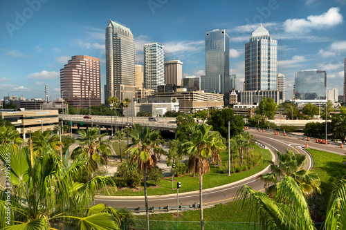 Downtown city skyline view of Tampa Florida USA looking over the freeway and the Riverwalk