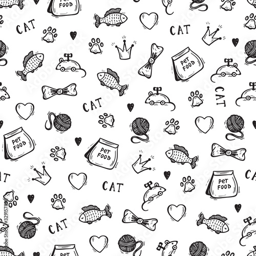 Pet Shop Vector background. Hand drawn doodle Goods for pets. Cat supplies and Pet Food Seamless pattern. Black and white illustration