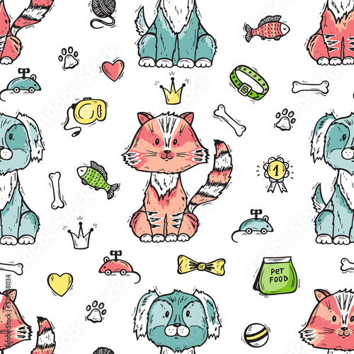 Fototapeta Naklejka Na Ścianę i Meble -  Pet Shop Vector background. Hand drawn doodle Cats, Dogs, Goods for pets. Cat and Dog supplies and Pet Food Seamless pattern