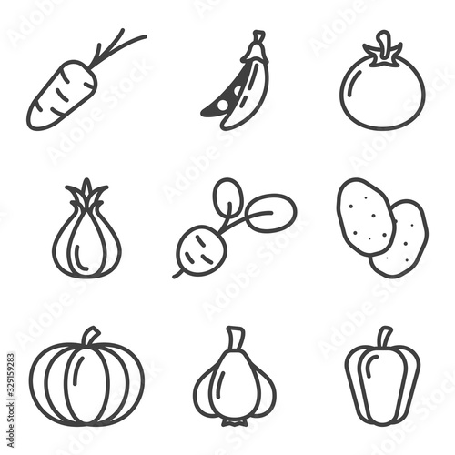 Vegetables icons set. Linear design. Includes such generalities as carrots, potatoes, pumpkin and others. Isolated vector on a white background.