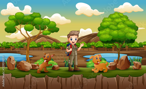 Park scene with scout boy exploring outdoors
