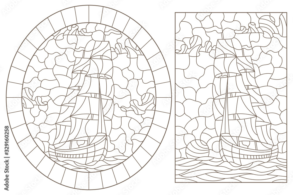 Obraz premium A set of contour illustrations of stained glass Windows with old sailing ships, dark contours on a white background