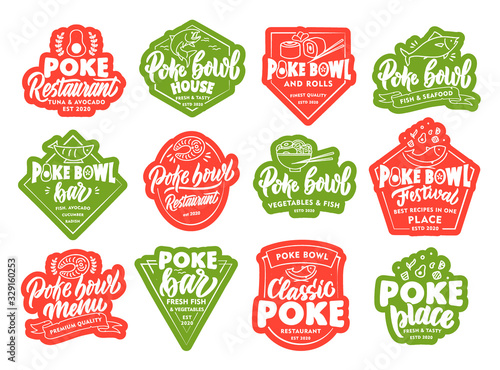Set of Poke bowl stickers, patches. Colorful badges, emblems, stamps on white background.