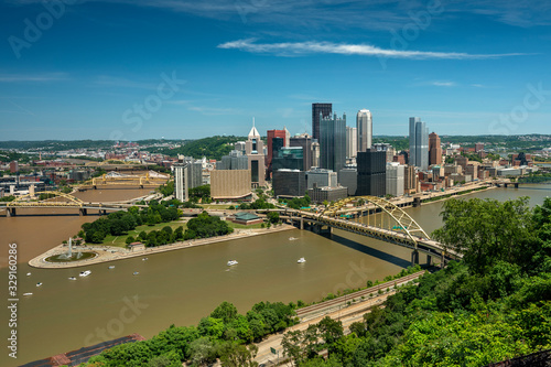City skyline view over the Allegheny River and Roberto Clemente Bridge in downtown Pittsburgh Pennsylvania USA © Aevan