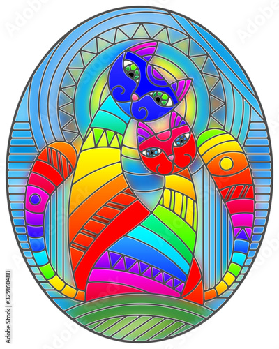 Illustration in stained glass style with a pair of abstract geometric rainbow cats on a blue background with sun, oval image