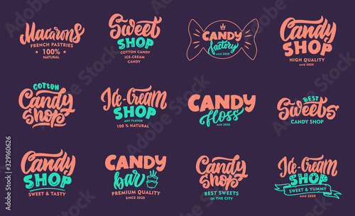 Set of vintage phrases. Emblems, badges, templates, stickers on purple background.