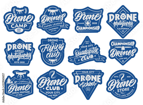 Set of Drone stickers, patches. Blue badges, emblems, stamps on white background isolated.