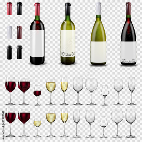 Full and empty wine glasses. Red and white wine bottles.