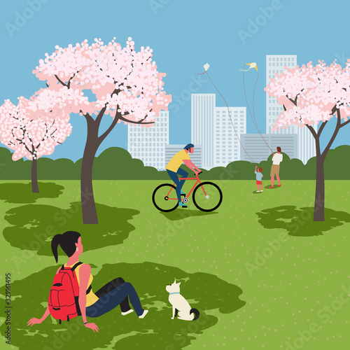 Blooming cherry city park recreation zone vector