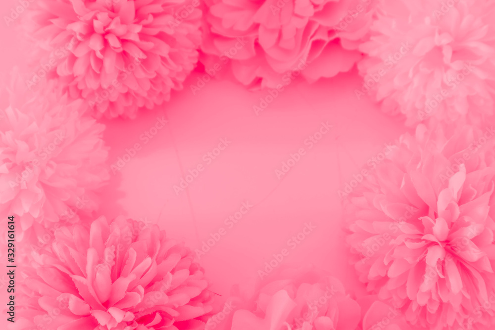 Beautiful abstract color white and pink flowers on white background and white graphic flower frame and pink leaves texture, pink background, colorful graphics banner happy valentine day