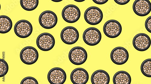 texture seamless pattern on a yellow background in a black box, friable blush in different colors for correction of face tone, creating a pink tint, correction of cheekbones. Vector illustration