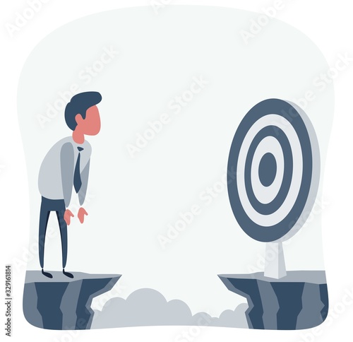 Businessman in front of a gap and looking for the target. Goal achievement concept. Vector illustration. Flat design.