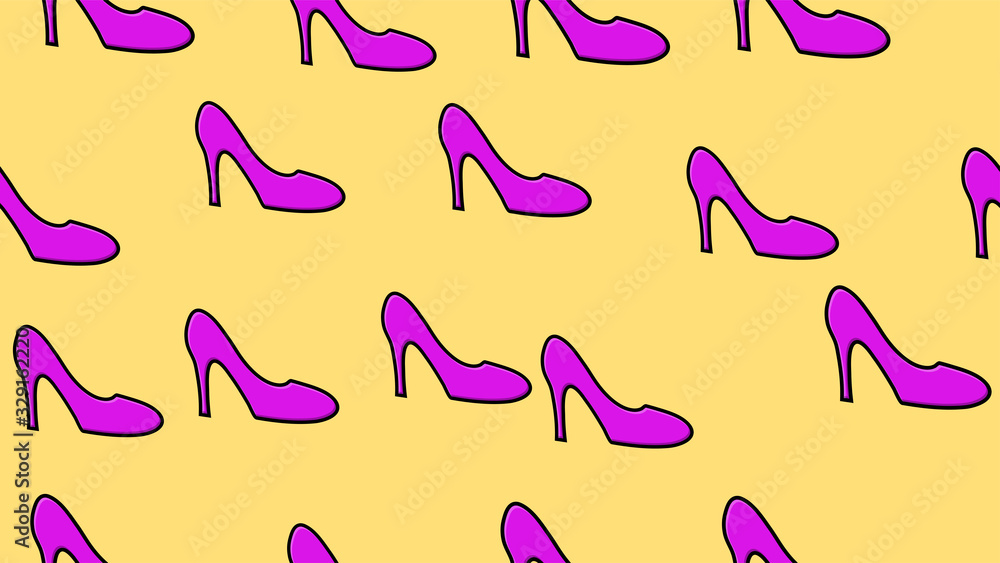 texture seamless pattern purple stylish high heel shoes on a yellow background for for unusual theatrical images, for halloween, masquerade, ball, disco and party. Vector illustration