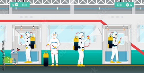 Medical staff are spraying to kill virus and bacteria in the subway.