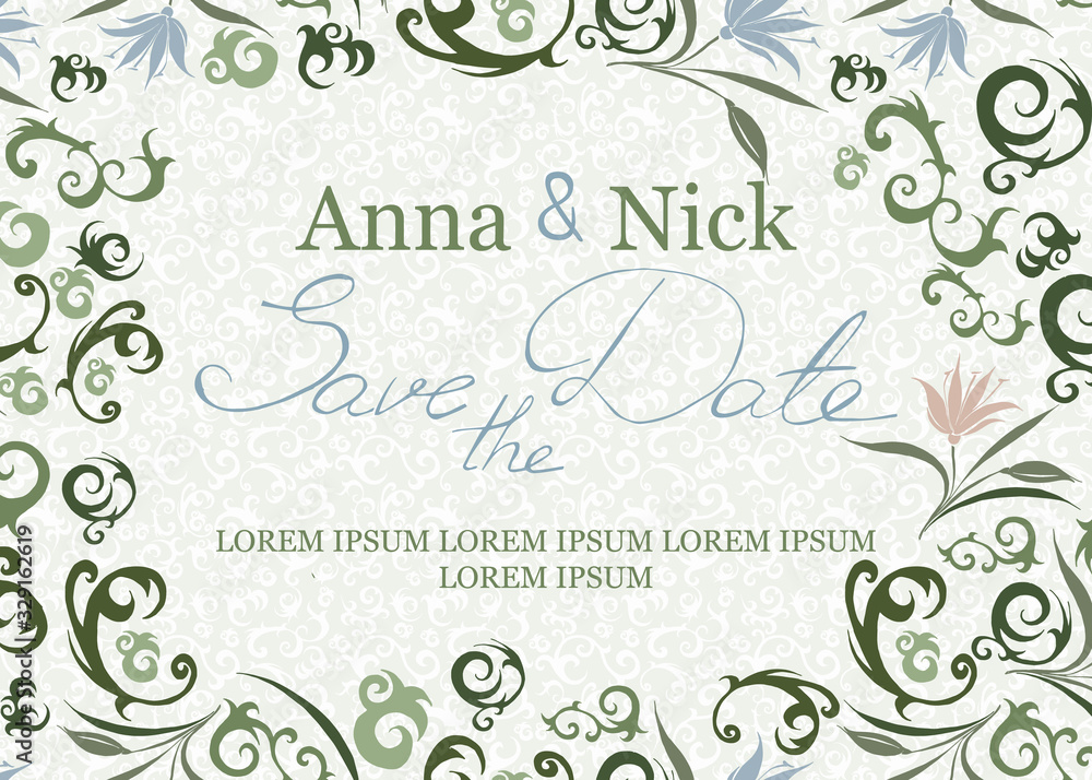 Color vector wedding card template with hand drawn floral elements