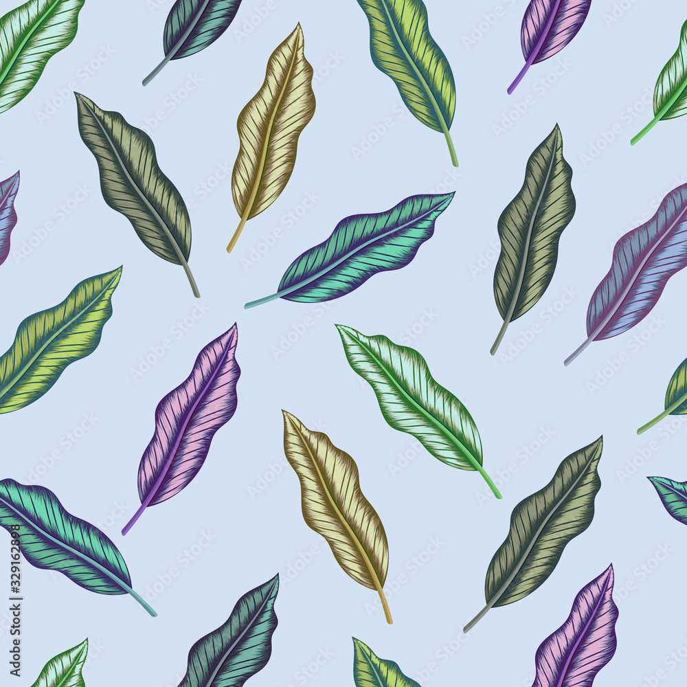Colorful hand drawn tropical leaves seamless pattern