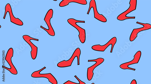 texture seamless pattern red bright high heel shoes on a blue background for walking and hiking in restaurants and cafes, cinema. Shoes for models and catwalks. Gait for gloss. Vector illustration