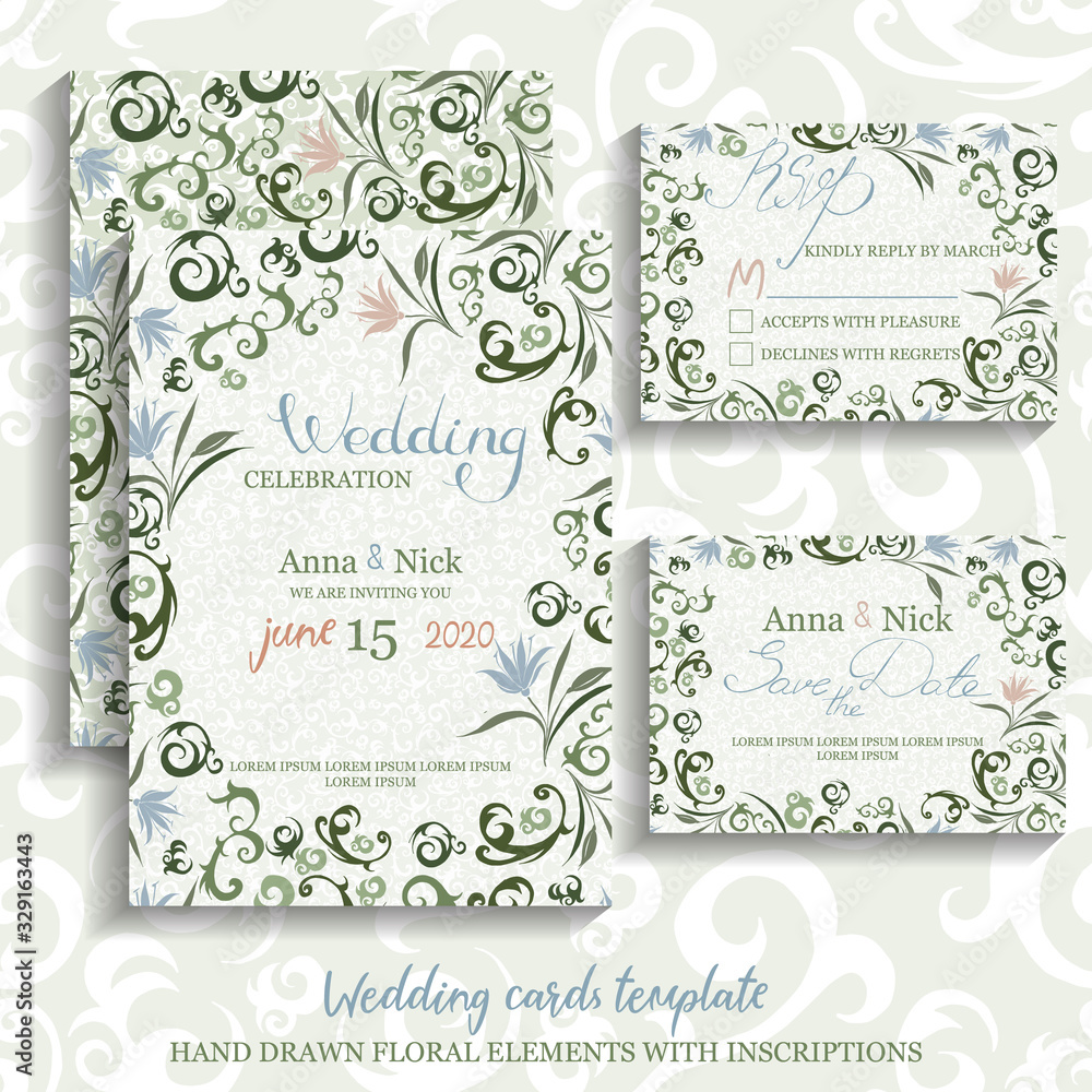 Wedding cards template. Hand drawn floral elements with inscriptions Wedding cards template. Hand drawn floral elements with inscriptions