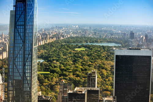 Photography Aerial view of the buildings and skyscrapers over Central Park and the Manhattan