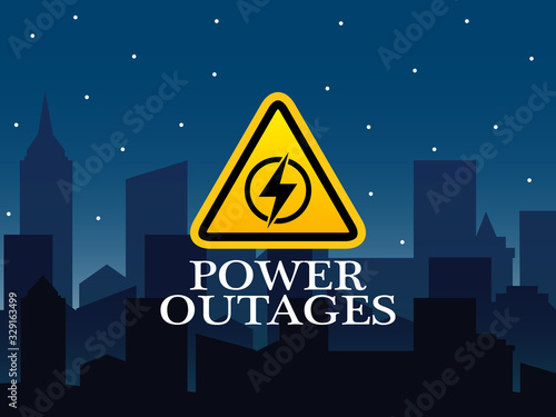 Power Outage, logo on the blue background of the city without electricity