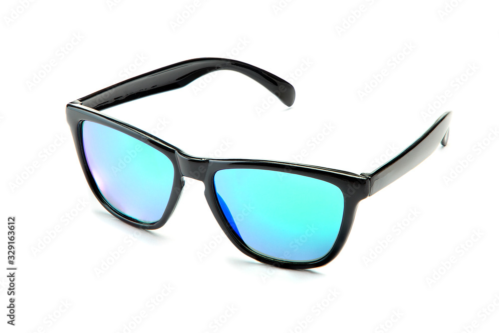 Classic black sunglasses with blue mirror lenses