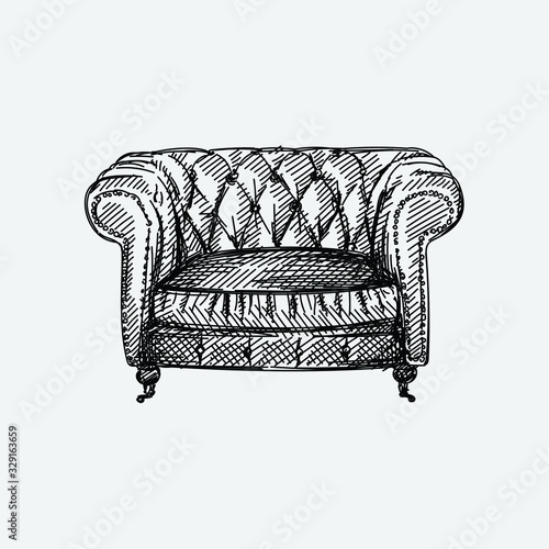 Hand-drawn sketch of wide Chesterfield leather armchair with quilted backrest. Armchair of the antique period. Vintage armchair. Chesterfield sofas