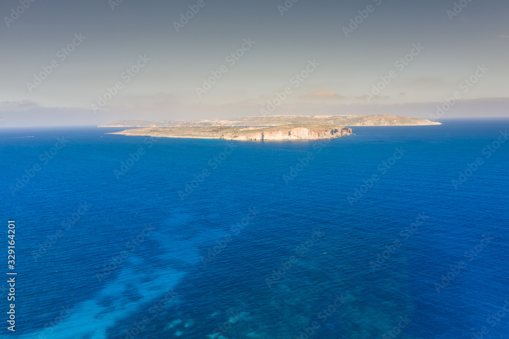 Aerial view of Comino island. Drone landscape. Europe. Malta