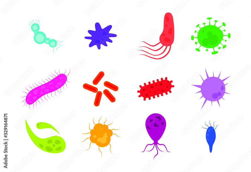 Fototapeta premium Virus bacteria set. Abstract disease germs, flu microbes and toxin cells isolated on white background. Vector illustration of infections, pathogenic organism, viruses and bacterias