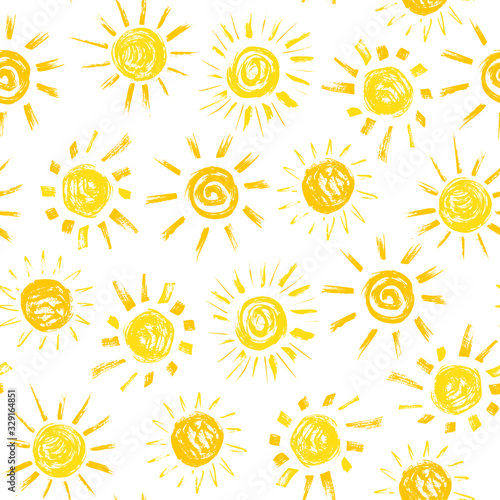 Sun Paint Brush Strokes Vector Seamless pattern. Hand drawn Grunge Yellow Suns Background