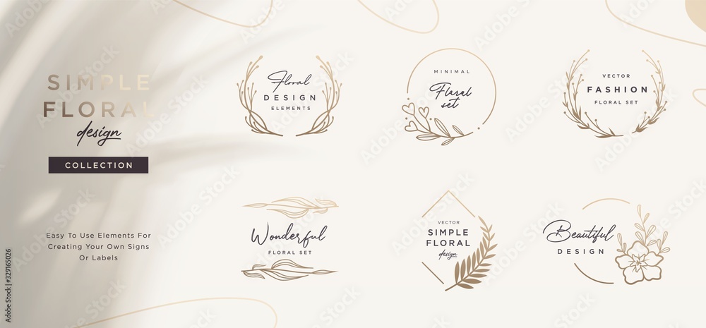 Set of minimalistic elegant geometric floral elements. Premade decorative fashion labels, signs. Vector Set of minimalistic elegant geometric floral elements. Premade decorative fashion labels, signs. Vector