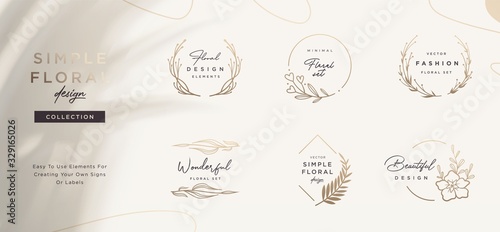 Set of minimalistic elegant geometric floral elements. Premade decorative fashion labels  signs. Vector