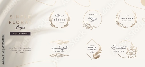 Set of minimalistic elegant geometric floral elements. Premade decorative fashion labels, signs. Vector