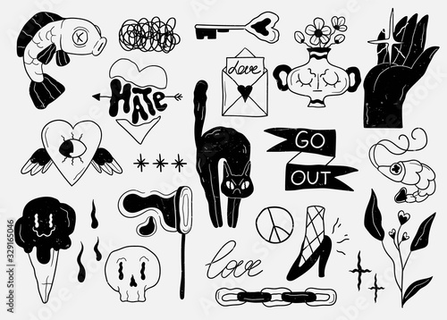 Old school tattoo elements. Cartoon tattoos in funny style. Vector illustration.