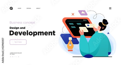 Design and Development. Landing page template with Programmer or designer working in a company office. Website design