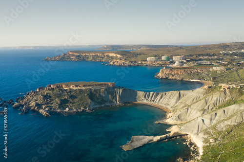 Aerial view of nature landscape of Ghajn Tuffieha bay.Malta island