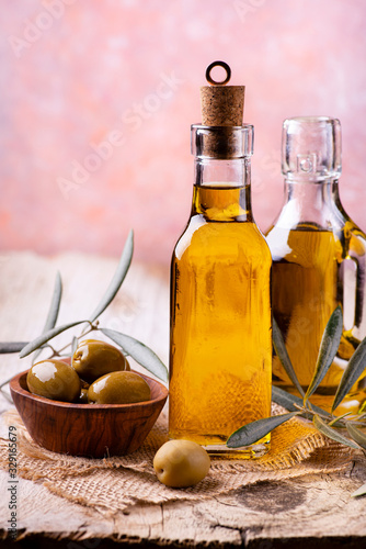 Olives and extra virgin olive oil. Still life