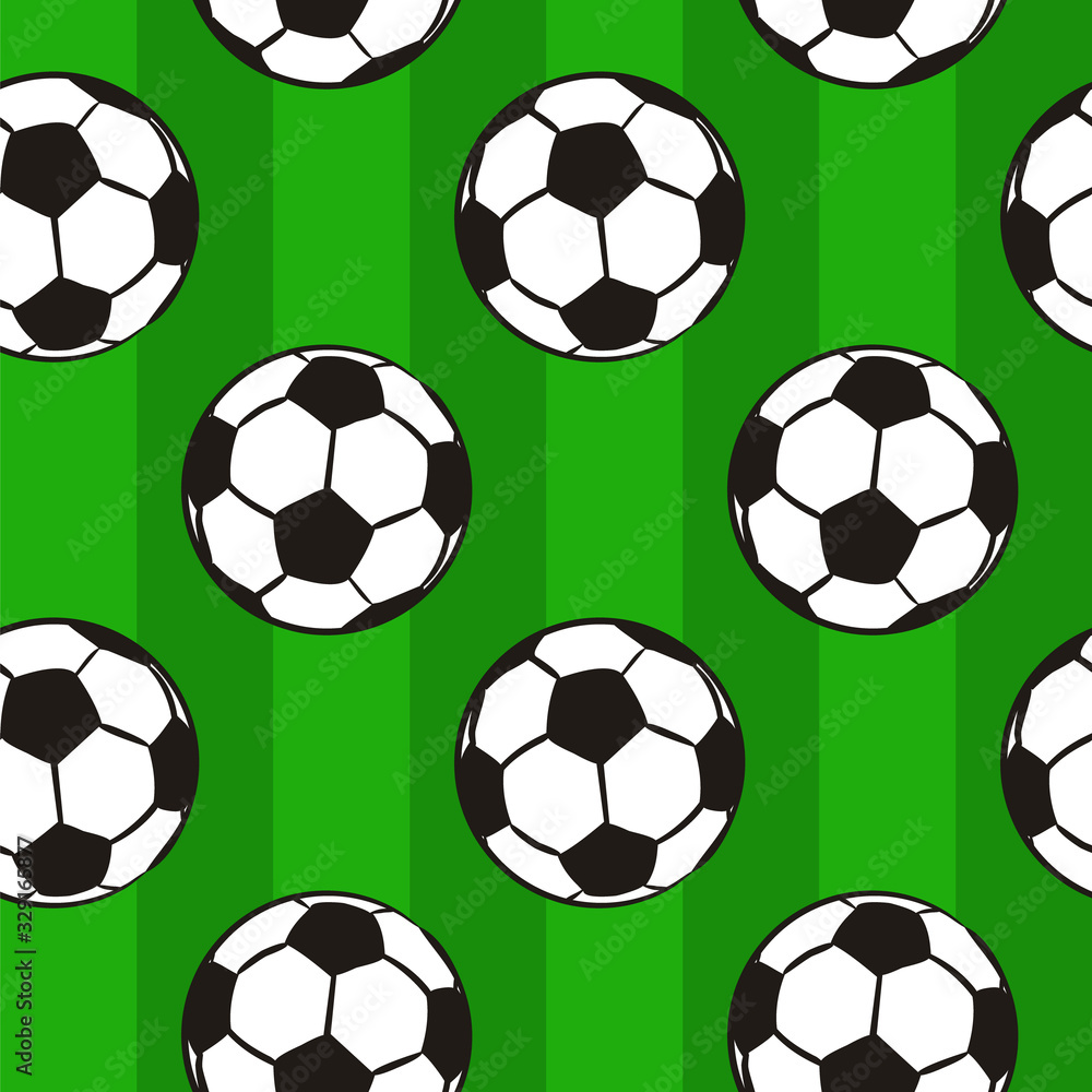 Seamless pattern with soccer balls on a green field. Hand-drawn football balls and soccer striped grass field. Illustration for the design of sports posters, banners and design. Seamless pattern with soccer balls on a green field. Hand-drawn football balls and soccer striped grass field. Illustration for the design of sports posters, banners and design.
