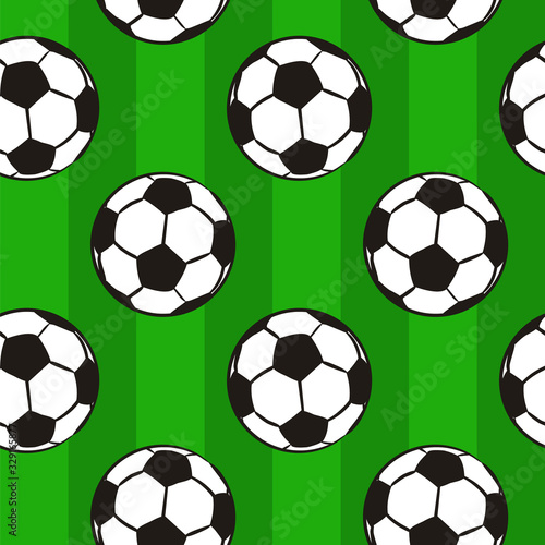 Seamless pattern with soccer balls on a green field. Hand-drawn football balls and soccer striped grass field. Illustration for the design of sports posters, banners and design.