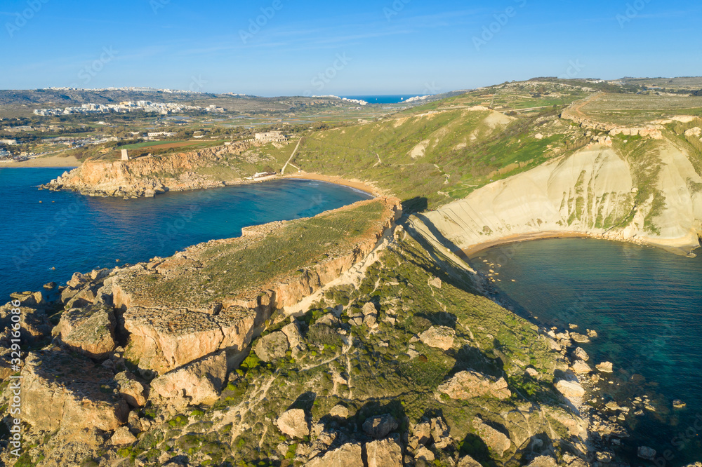 Aerial view of nature landscape of Ghajn Tuffieha bay.Malta island