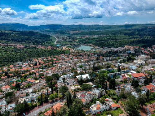 Aerial view of Maalot , Israel with water and communication tower in sight 